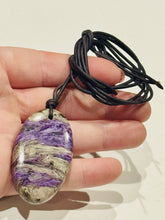 Load image into Gallery viewer, Natural Purple Charoite Gemstone 27x45mm Necklace Genuine Leather Cord 44” Long