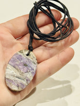 Load image into Gallery viewer, Natural Purple Charoite Gemstone 27x45mm Necklace Genuine Leather Cord 44” Long