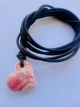 Load image into Gallery viewer, Argentina Rhodochrosite GemStone Heart ShapeNecklace Genuine Black Leather Cord