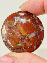 Load image into Gallery viewer, 71ct Red Moss Plume Agate Round Gemstone Cabochon 36mm Old Stock Lapidary