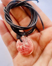 Load image into Gallery viewer, Argentina Rhodochrosite GemStone Oval Necklace On Genuine Black Leather Cord