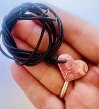 Load image into Gallery viewer, Argentina Rhodochrosite GemStone Heart Shape Necklace Genuine Black Leather Cord