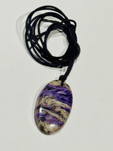 Load image into Gallery viewer, Natural Purple Charoite Gemstone 27x45mm Necklace Genuine Leather Cord 44” Long